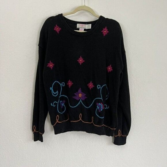 American Weekend Women’s Vintage 80s Black Knit Floral Embroidered Sweater Large - Picture 1 of 11